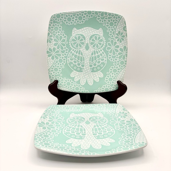 Roscher Mint / Seafoam Green Lace Owl Pattern Square Salad Plates - Set of 2 - Picture 1 of 5